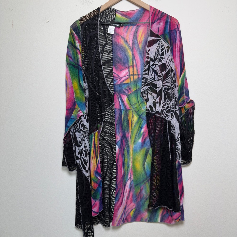 Creation Women Cardigan 2X Multicolor Patchwork Mesh Lace Art to Wear Open Front